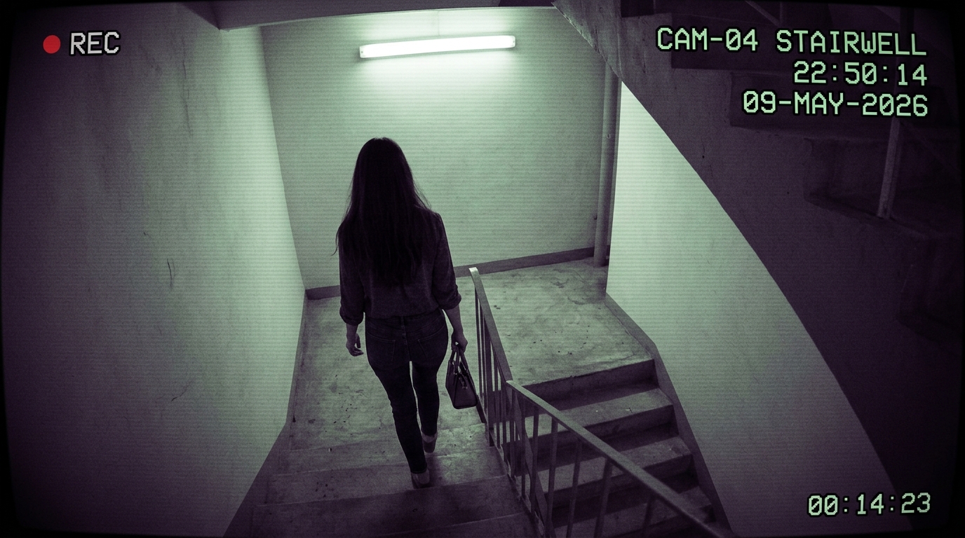 CCTV escalera CAM-04 · 22:50 · Laura subiendo al piso 14
